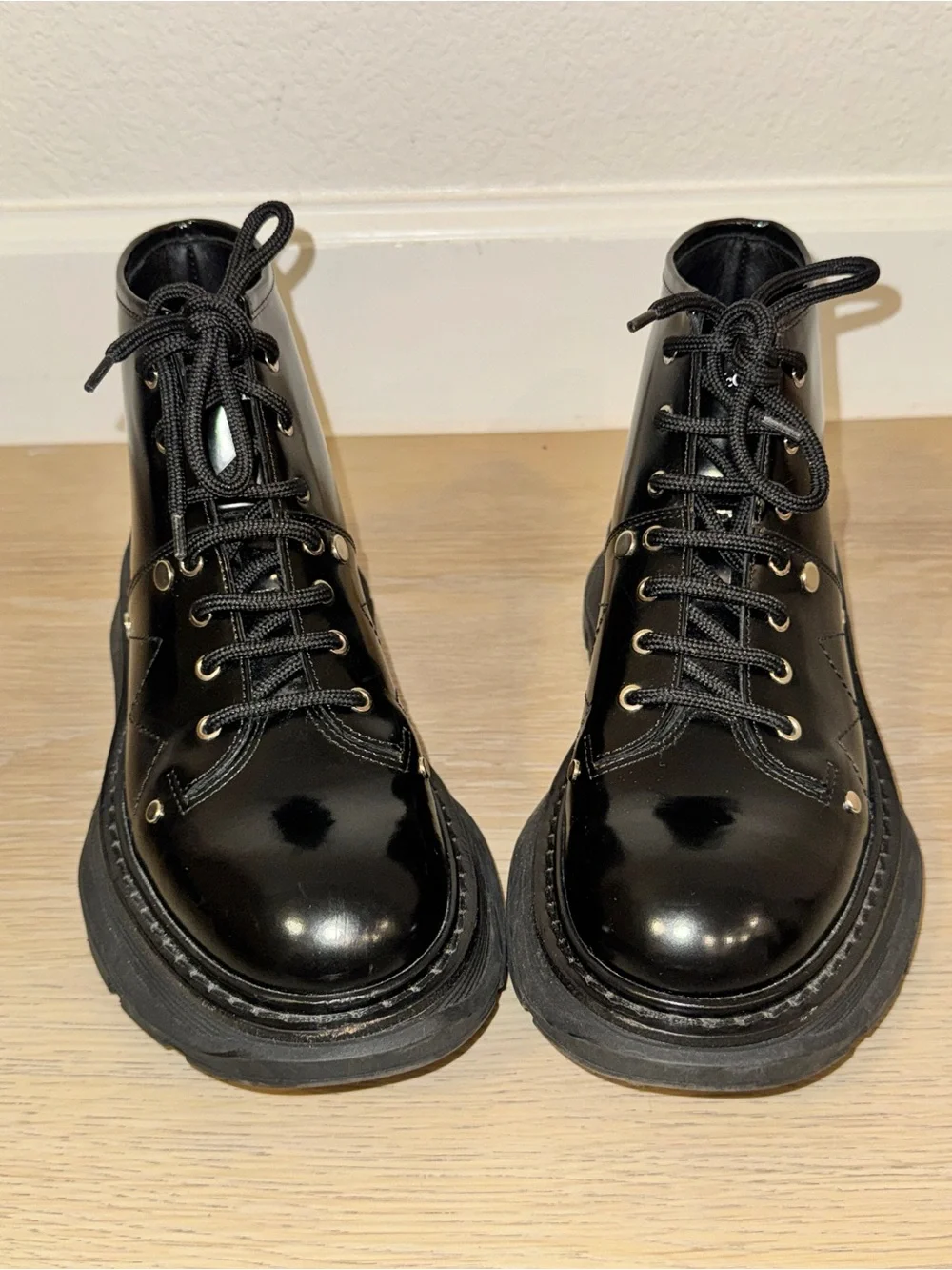 Alexander McQueen Black Leather Combat Boots with Patent Toe Alexander McQueen Patent Leather Combat Boots - Black Boots  main image 3